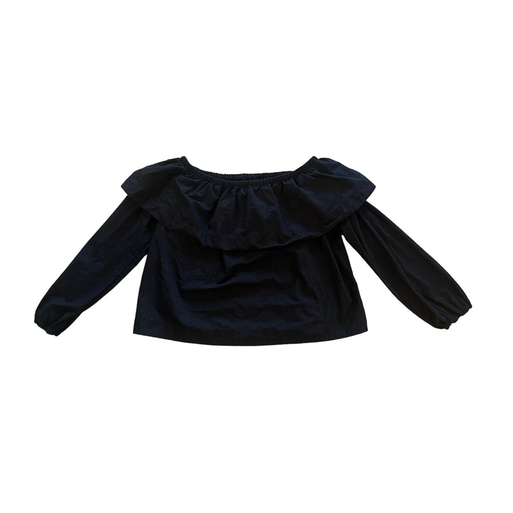 Women XS Aritzia Wilfred Morel Black Ruffle Off-Shoulder Blouse Top Shirt 65714